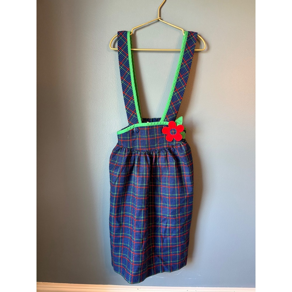 Florence Eiseman vintage Blue Plaid Jumper Dress Red Flower Applique
